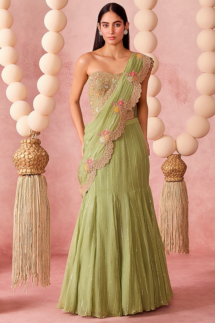 Sage Green Organza Sequins Embroidered Pre-Draped Wedding Saree Set by Chamee and Palak at Pernia's Pop Up Shop