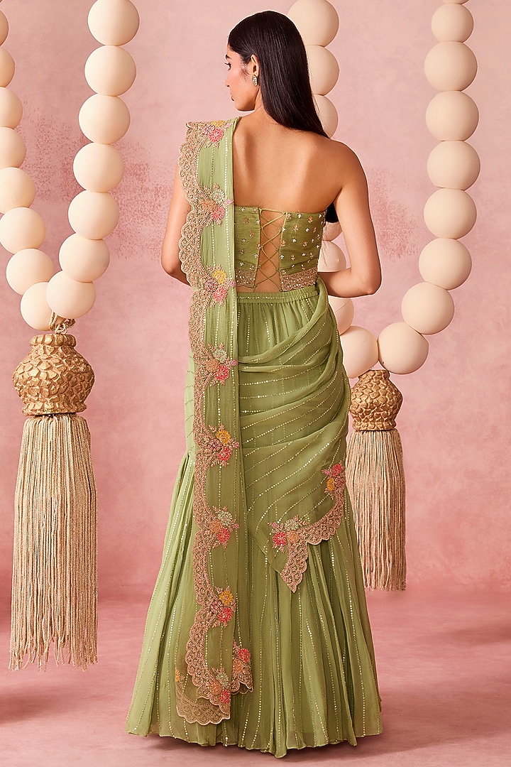Sage Green Organza Sequins Embroidered Pre-Draped Wedding Saree Set by Chamee and Palak at Pernia's Pop Up Shop