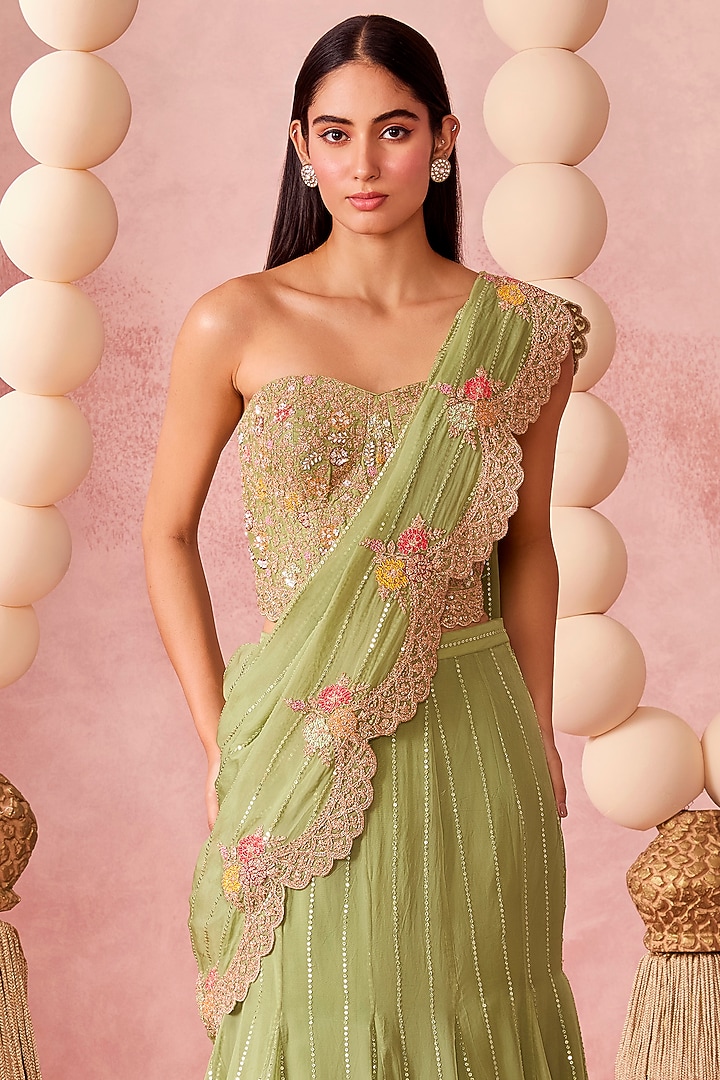 Sage Green Organza Sequins Embroidered Pre-Draped Wedding Saree Set by Chamee and Palak at Pernia's Pop Up Shop