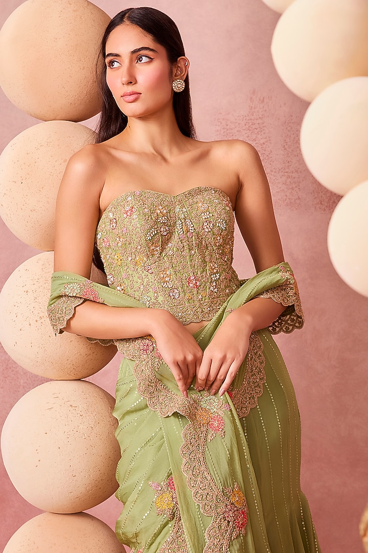 Sage Green Organza Sequins Embroidered Pre-Draped Wedding Saree Set by Chamee and Palak at Pernia's Pop Up Shop