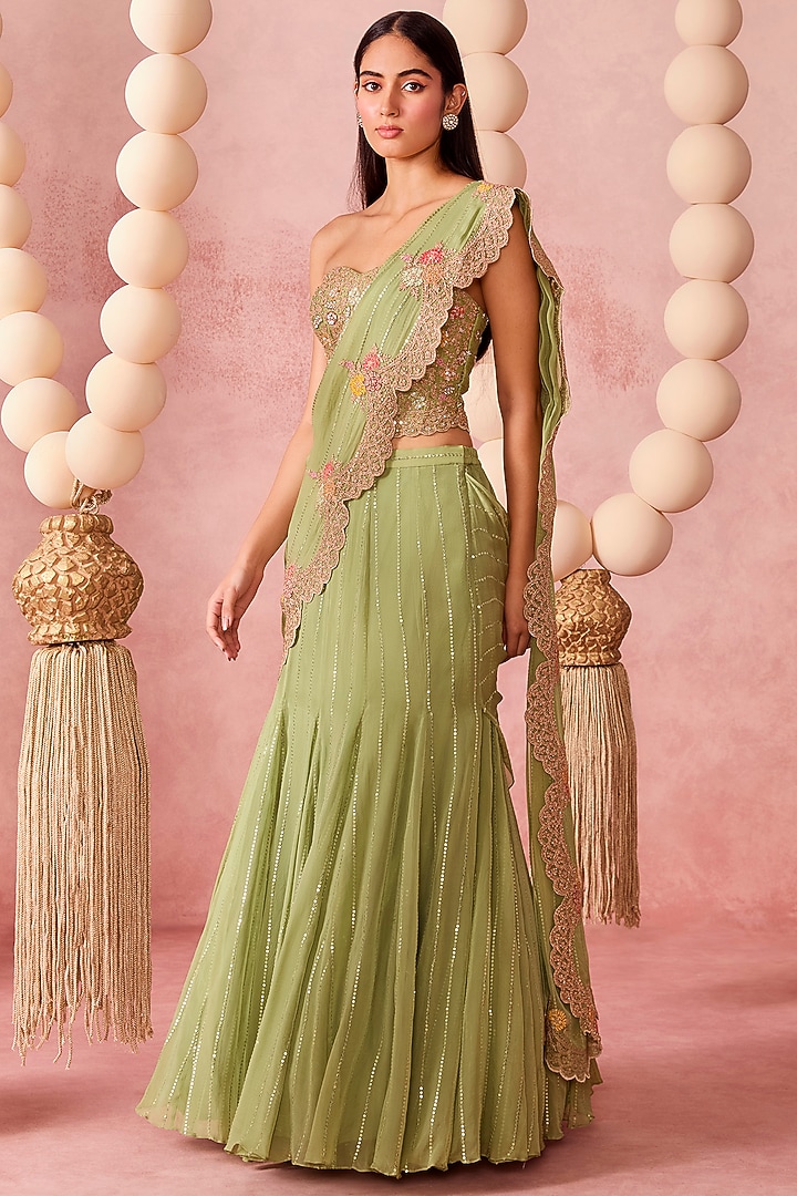 Sage Green Organza Sequins Embroidered Pre-Draped Wedding Saree Set by Chamee and Palak at Pernia's Pop Up Shop