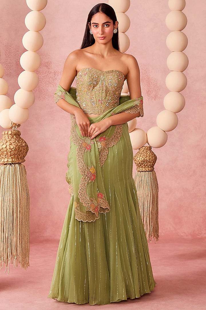 Sage Green Organza Sequins Embroidered Pre-Draped Wedding Saree Set by Chamee and Palak at Pernia's Pop Up Shop