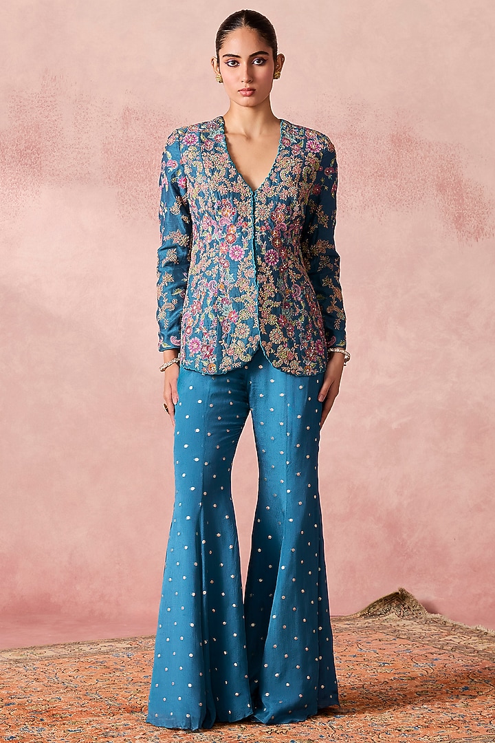 Blue Georgette Thread Embroidered Jacket Set by Chamee and Palak at Pernia's Pop Up Shop