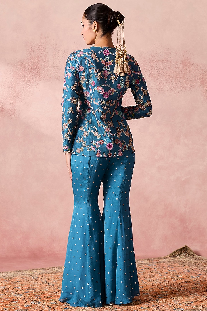 Blue Georgette Thread Embroidered Jacket Set by Chamee and Palak at Pernia's Pop Up Shop