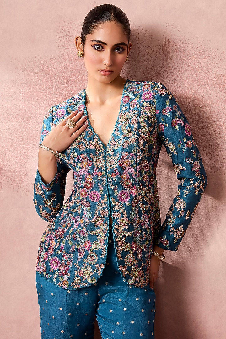 Blue Georgette Thread Embroidered Jacket Set by Chamee and Palak at Pernia's Pop Up Shop