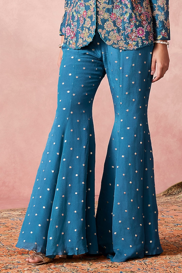 Blue Georgette Thread Embroidered Jacket Set by Chamee and Palak at Pernia's Pop Up Shop