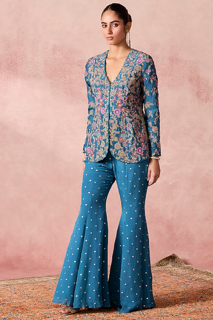 Blue Georgette Thread Embroidered Jacket Set by Chamee and Palak at Pernia's Pop Up Shop