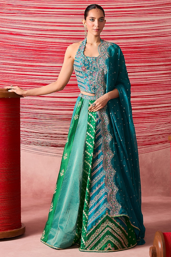 Green & Peacock Blue Zari Embroidered Wedding Lehenga Set by Chamee and Palak at Pernia's Pop Up Shop