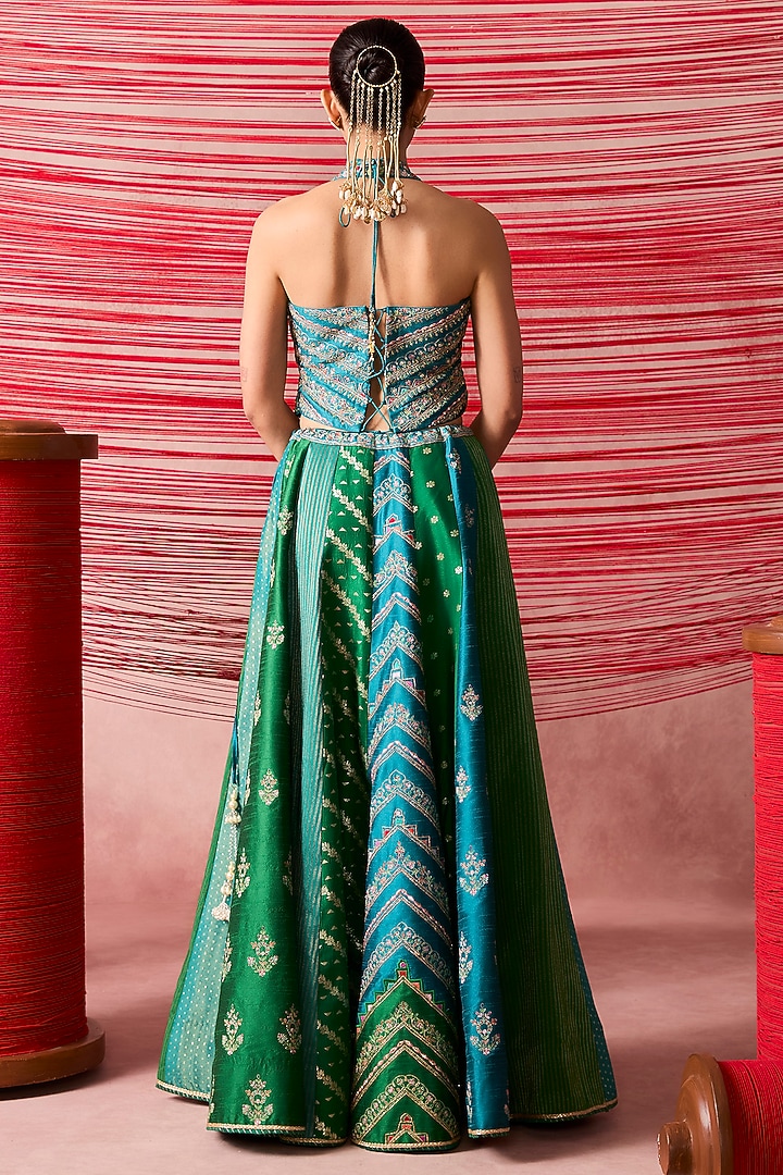 Green & Peacock Blue Zari Embroidered Wedding Lehenga Set by Chamee and Palak at Pernia's Pop Up Shop