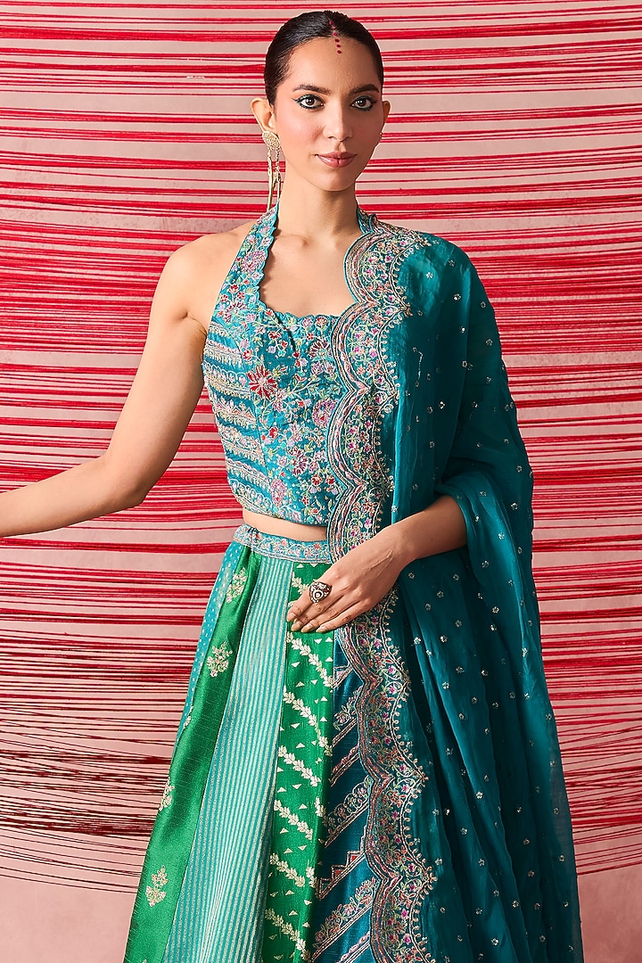 Green & Peacock Blue Zari Embroidered Wedding Lehenga Set by Chamee and Palak at Pernia's Pop Up Shop