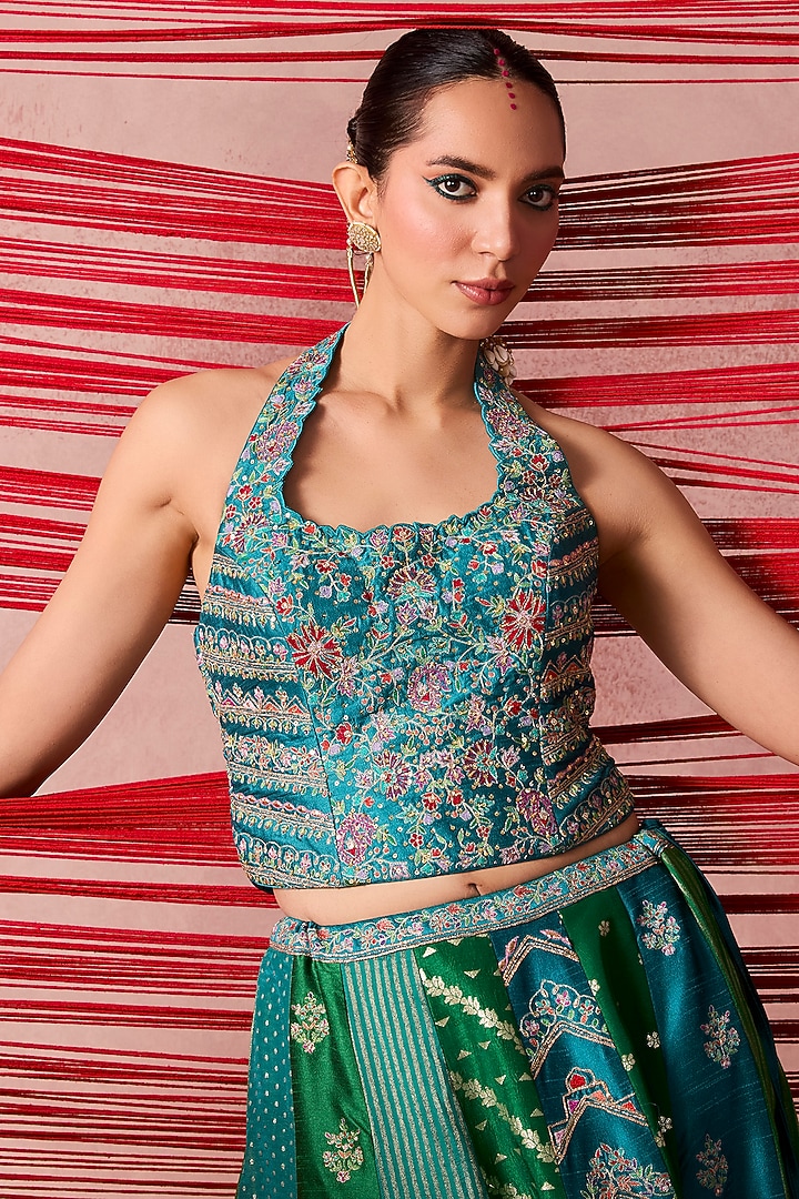 Green & Peacock Blue Zari Embroidered Wedding Lehenga Set by Chamee and Palak at Pernia's Pop Up Shop