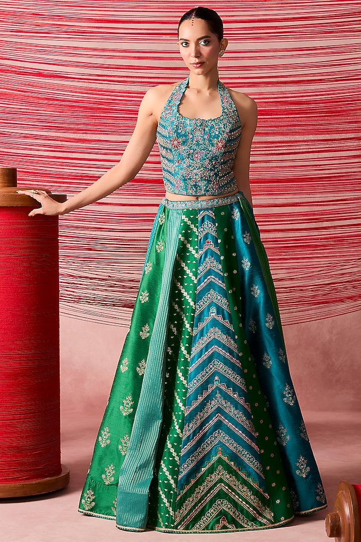 Green & Peacock Blue Zari Embroidered Wedding Lehenga Set by Chamee and Palak at Pernia's Pop Up Shop