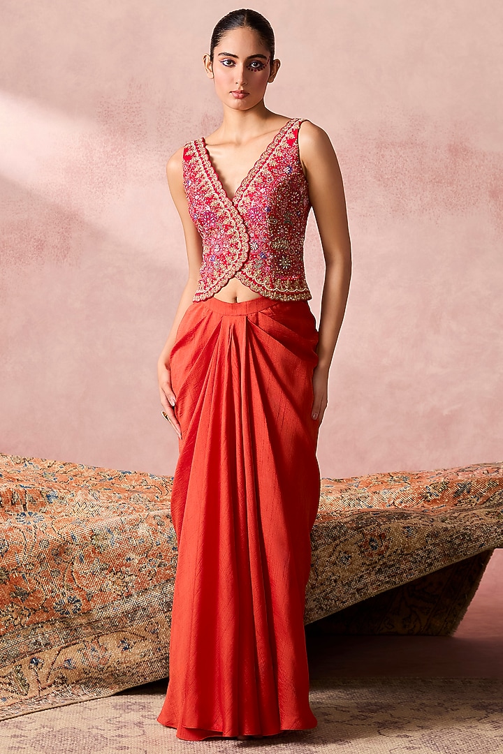 Rust Orange Soft Silk Draped Skirt Set by Chamee and Palak at Pernia's Pop Up Shop