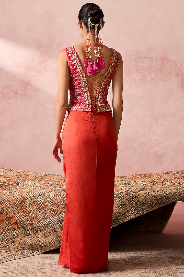 Rust Orange Soft Silk Draped Skirt Set by Chamee and Palak at Pernia's Pop Up Shop