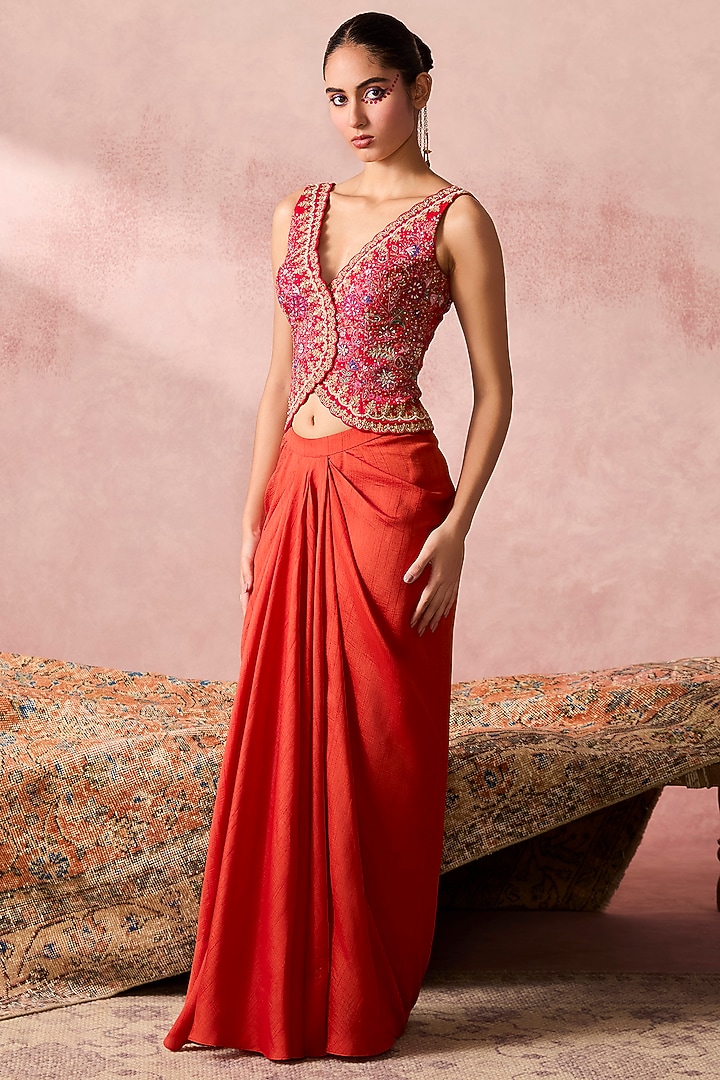 Rust Orange Soft Silk Draped Skirt Set by Chamee and Palak at Pernia's Pop Up Shop