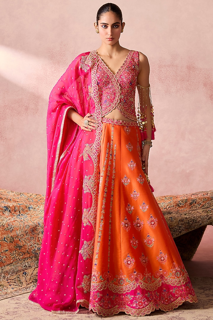 Orange Dupion Silk Zari Embroidered Wedding Lehenga Set by Chamee and Palak at Pernia's Pop Up Shop