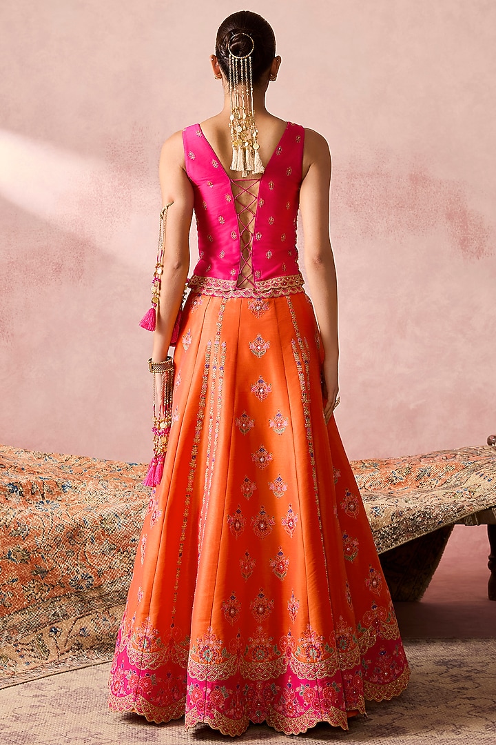 Orange Dupion Silk Zari Embroidered Wedding Lehenga Set by Chamee and Palak at Pernia's Pop Up Shop