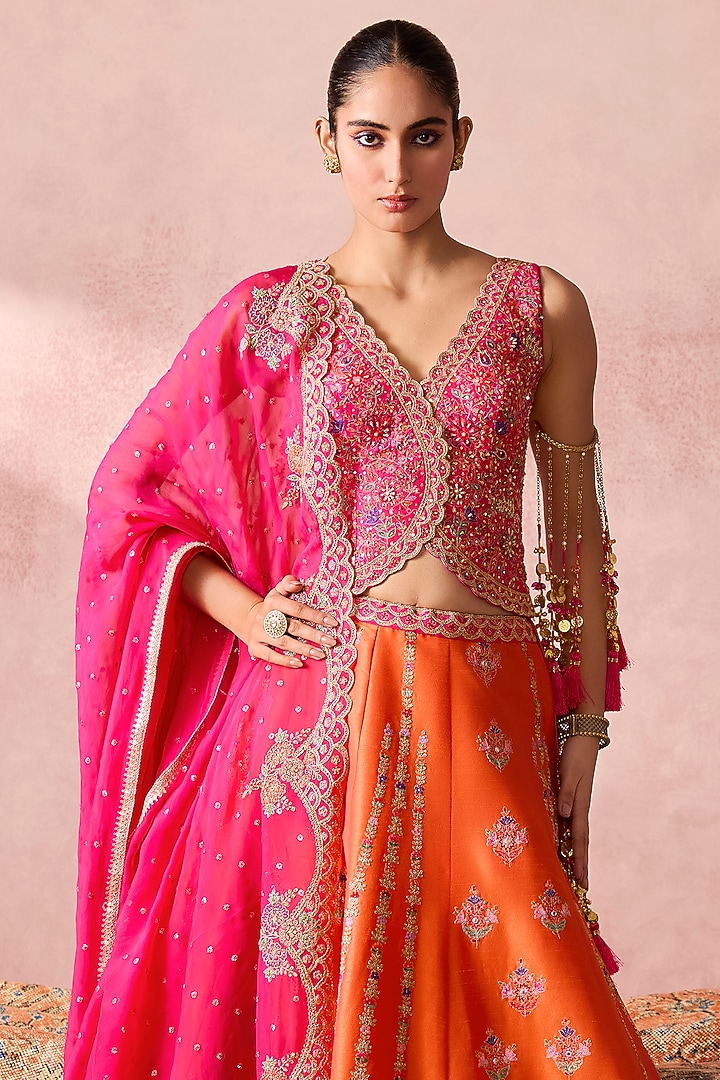 Orange Dupion Silk Zari Embroidered Wedding Lehenga Set by Chamee and Palak at Pernia's Pop Up Shop
