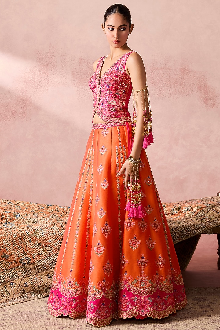 Orange Dupion Silk Zari Embroidered Wedding Lehenga Set by Chamee and Palak at Pernia's Pop Up Shop