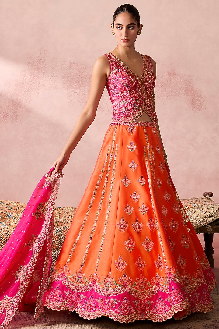 Orange Dupion Silk Zari Embroidered Wedding Lehenga Set by Chamee and Palak at Pernia's Pop Up Shop