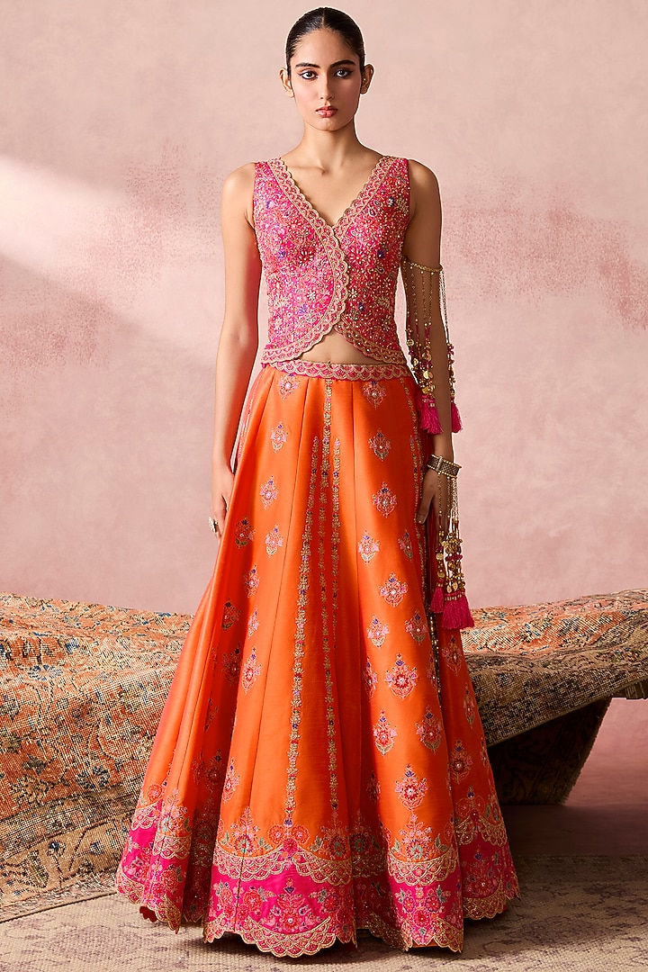 Orange Dupion Silk Zari Embroidered Wedding Lehenga Set by Chamee and Palak at Pernia's Pop Up Shop