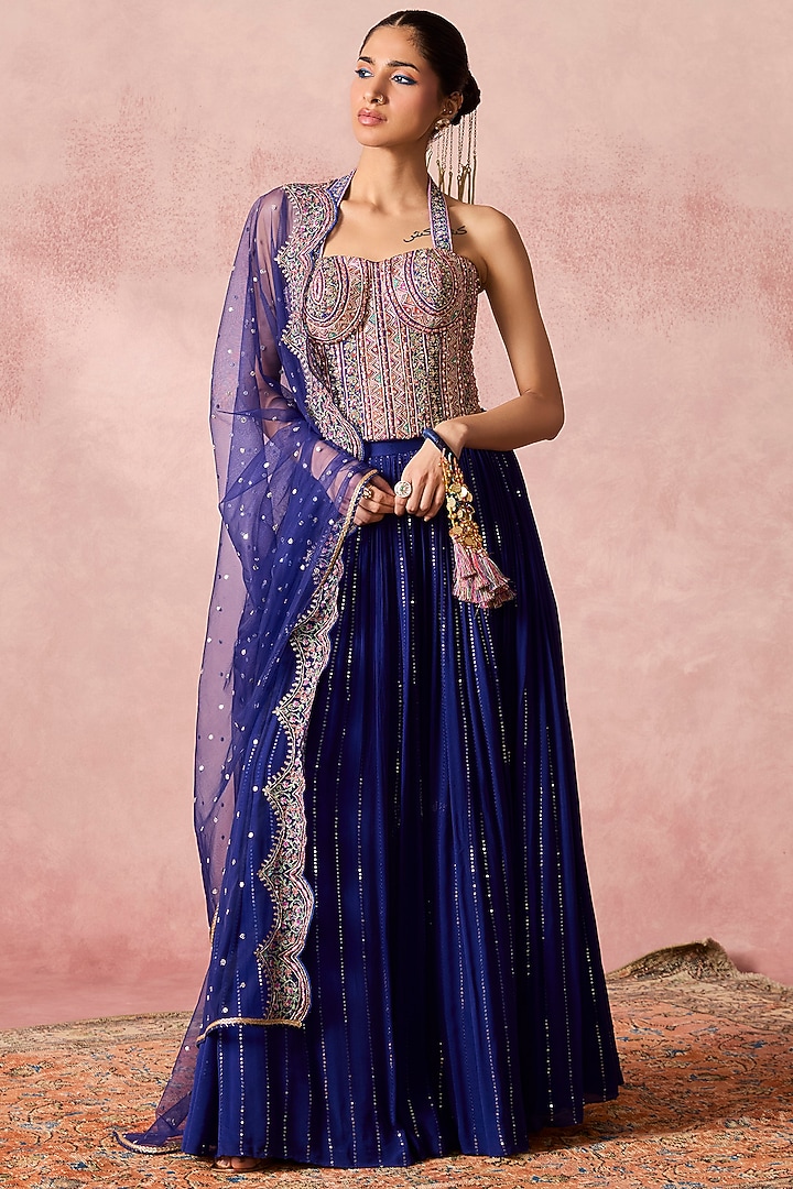Blue Silk & Georgette Resham Embroidered Wedding Lehenga Set by Chamee and Palak at Pernia's Pop Up Shop