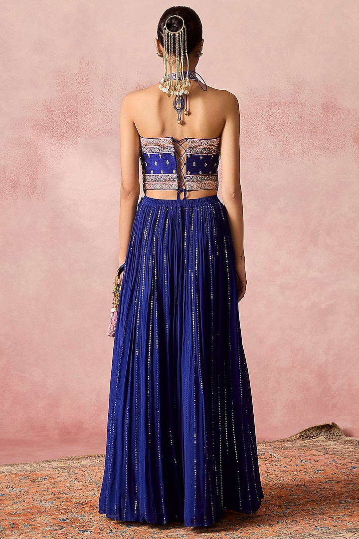 Blue Silk & Georgette Resham Embroidered Wedding Lehenga Set by Chamee and Palak at Pernia's Pop Up Shop