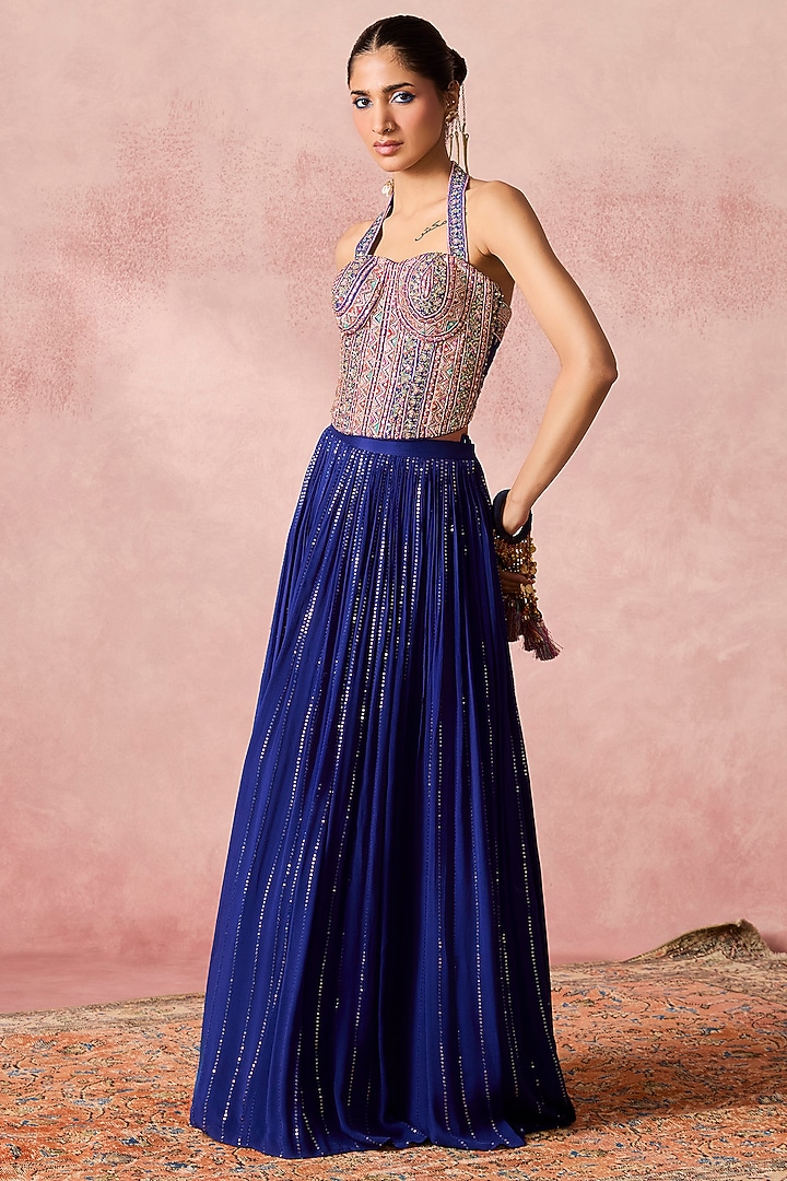 Blue Silk & Georgette Resham Embroidered Wedding Lehenga Set by Chamee and Palak at Pernia's Pop Up Shop