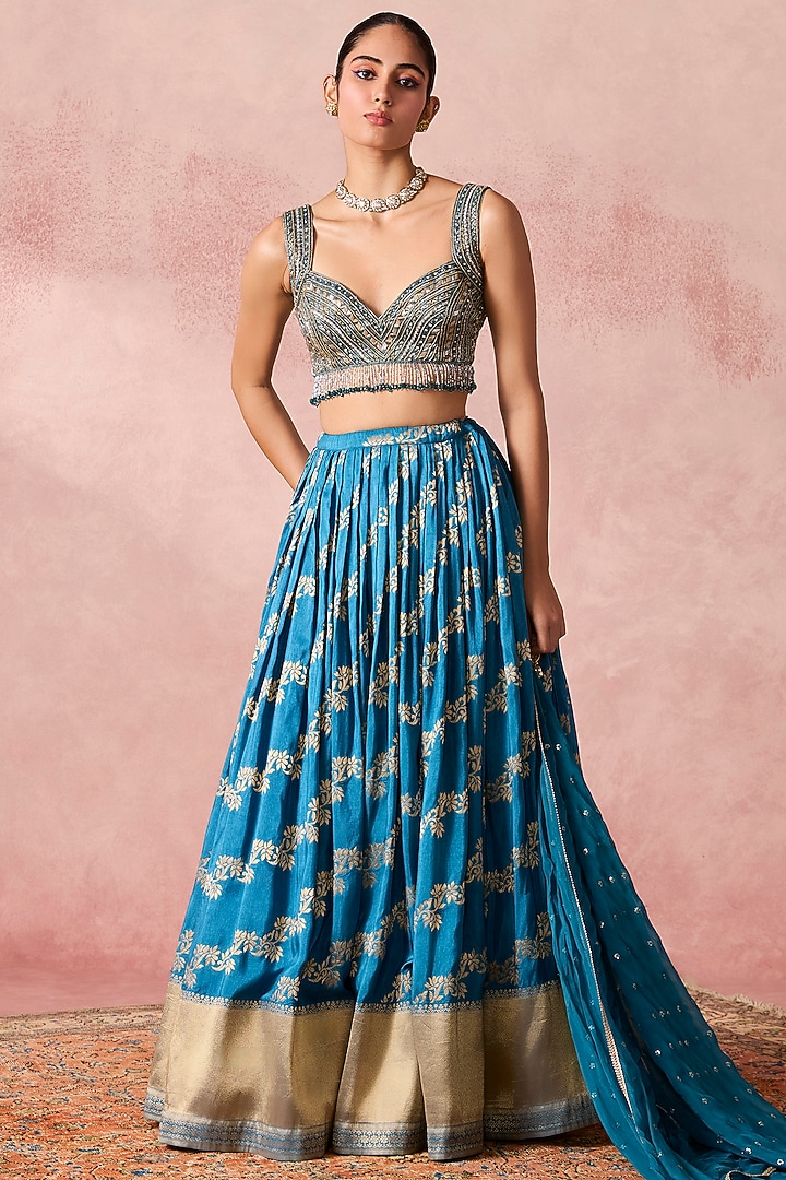Blue Jamawar Zardosi Embroidered Wedding Lehenga Set by Chamee and Palak at Pernia's Pop Up Shop