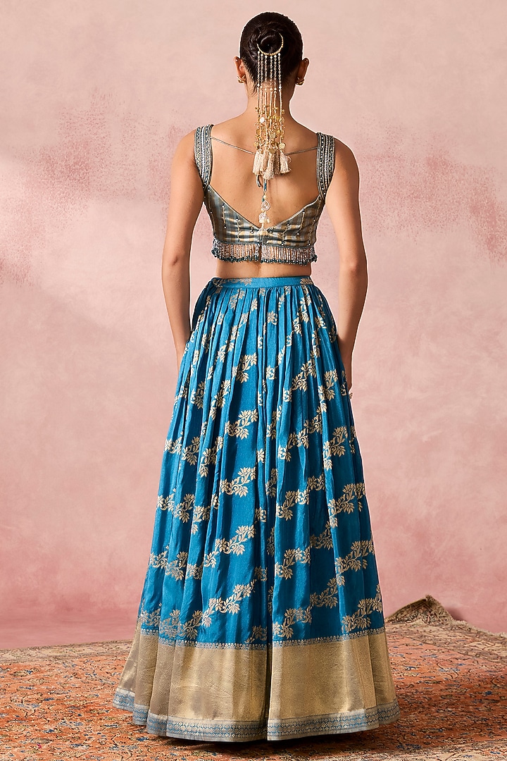 Blue Jamawar Zardosi Embroidered Wedding Lehenga Set by Chamee and Palak at Pernia's Pop Up Shop