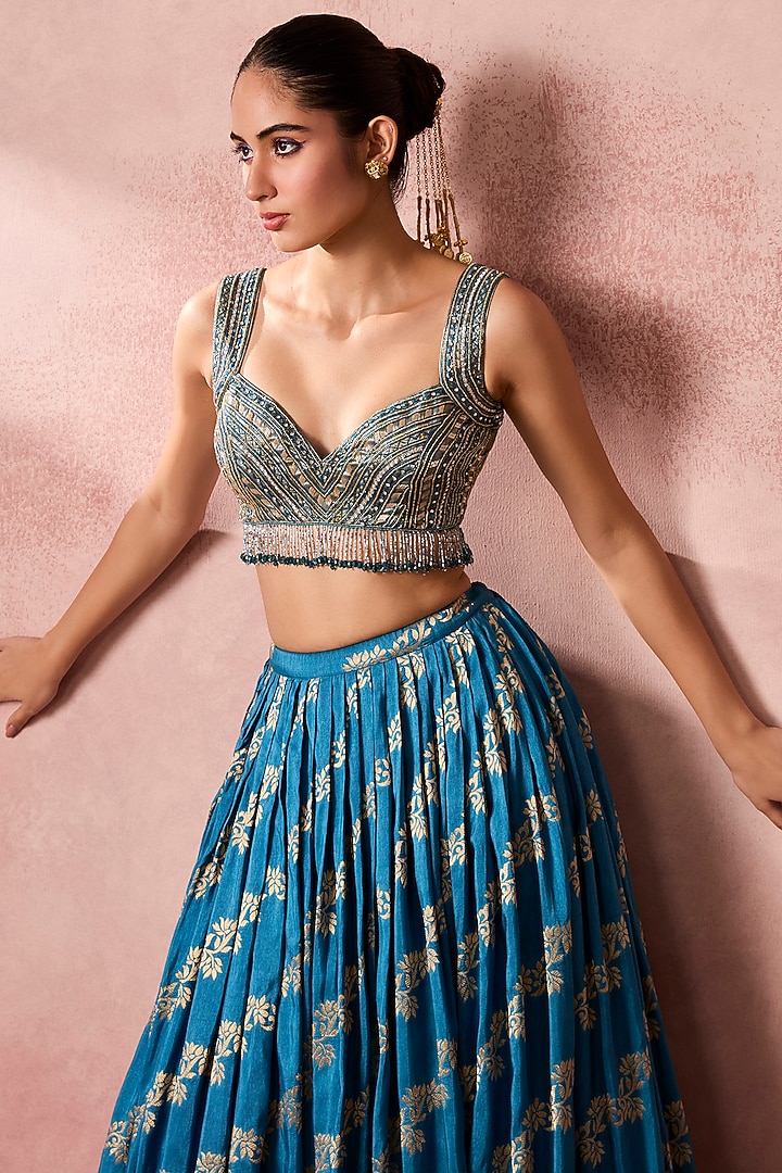 Blue Jamawar Zardosi Embroidered Wedding Lehenga Set by Chamee and Palak at Pernia's Pop Up Shop