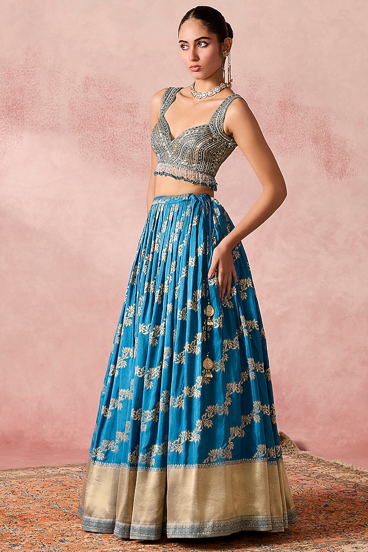 Blue Jamawar Zardosi Embroidered Wedding Lehenga Set by Chamee and Palak at Pernia's Pop Up Shop