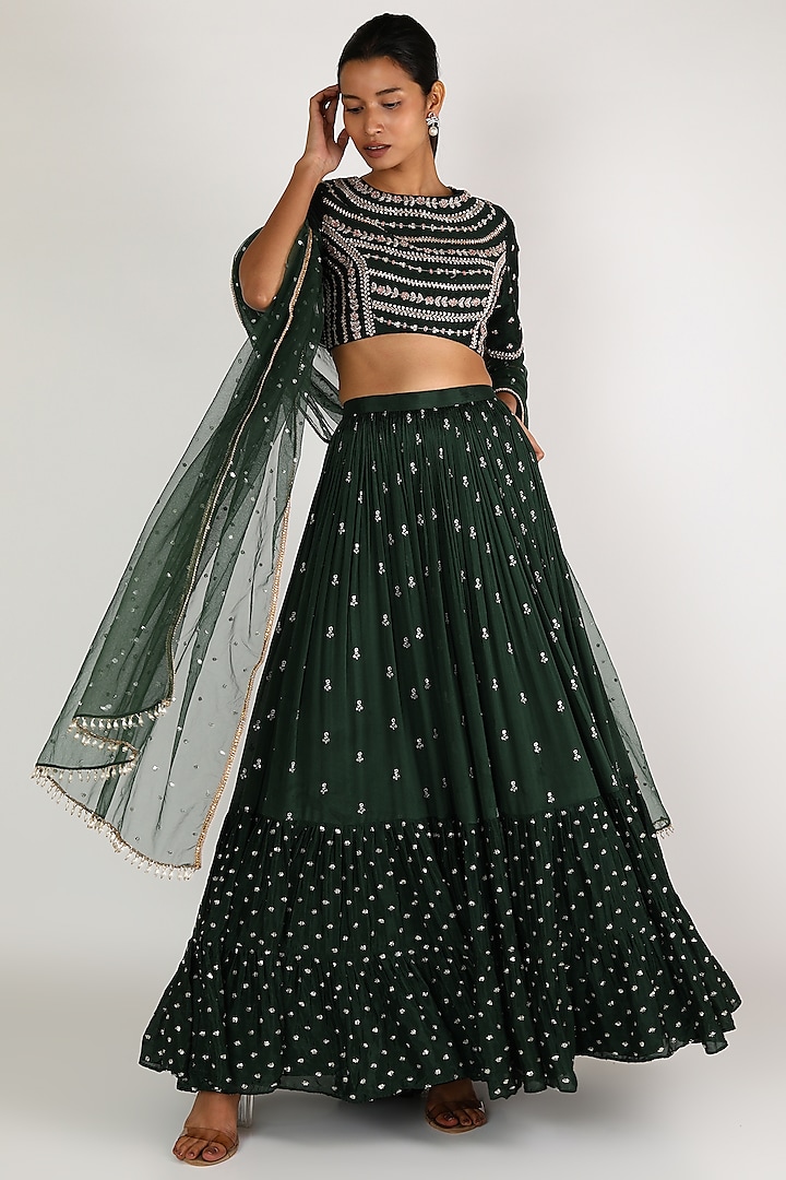Forest Green Georgette Embroidered Lehenga Set by Chamee and Palak