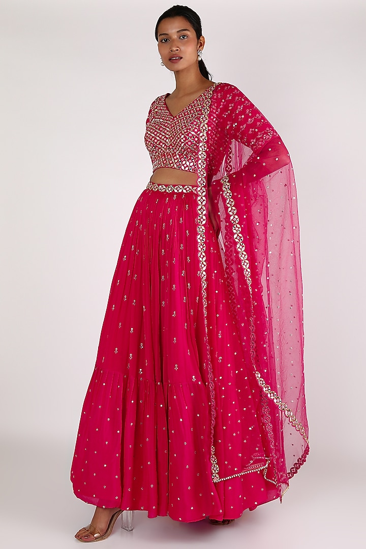 Pink Georgette Embroidered Lehenga Set by Chamee and Palak