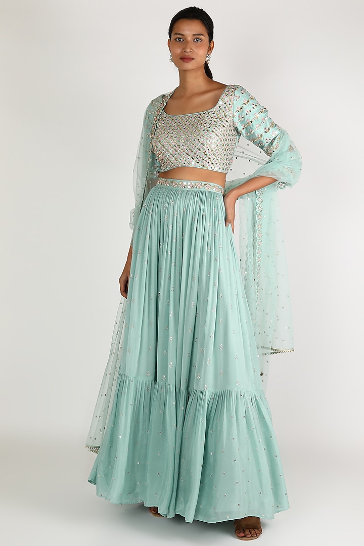 Dusty Blue Georgette Embroidered Lehenga Set by Chamee and Palak