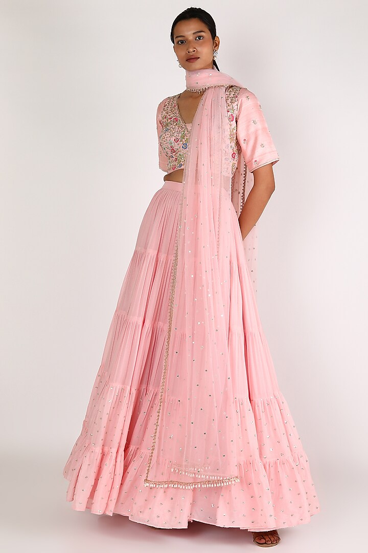 Blush Pink Georgette Embroidered Lehenga Set by Chamee and Palak