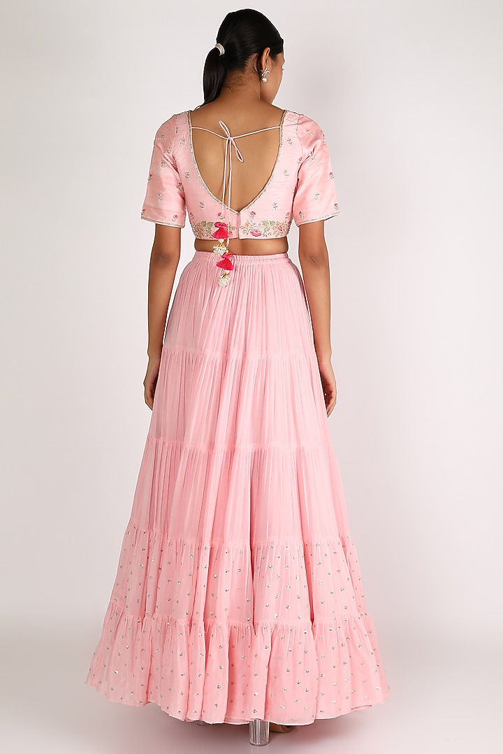 Blush Pink Georgette Embroidered Wedding Lehenga Set by Chamee and Palak at Pernia's Pop Up Shop
