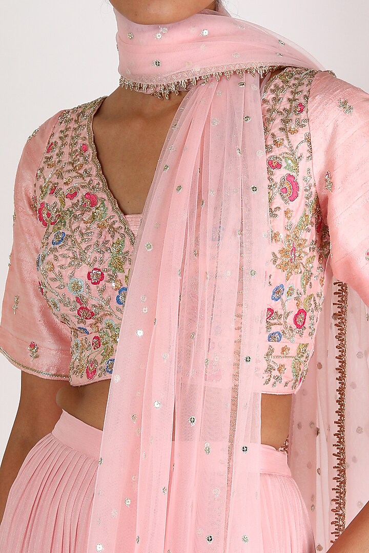Blush Pink Georgette Embroidered Wedding Lehenga Set by Chamee and Palak at Pernia's Pop Up Shop