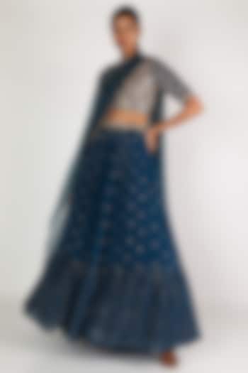 Deep Blue Georgette Embroidered Lehenga Set by Chamee and Palak