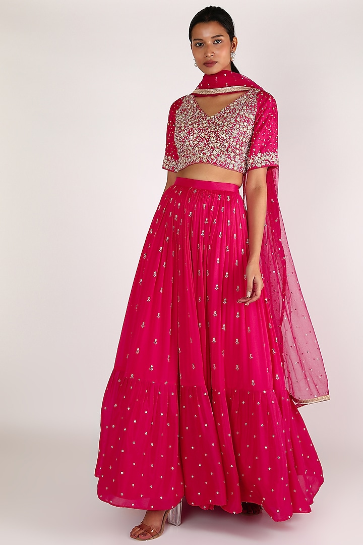 Pink Georgette Embroidered Lehenga Set by Chamee and Palak