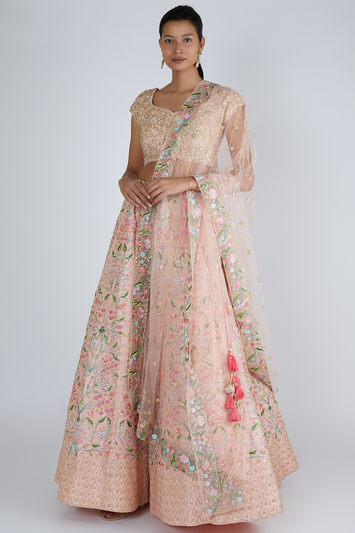 Peach Floral Embroidered Wedding Lehenga Set by Chamee and Palak at Pernia's Pop Up Shop