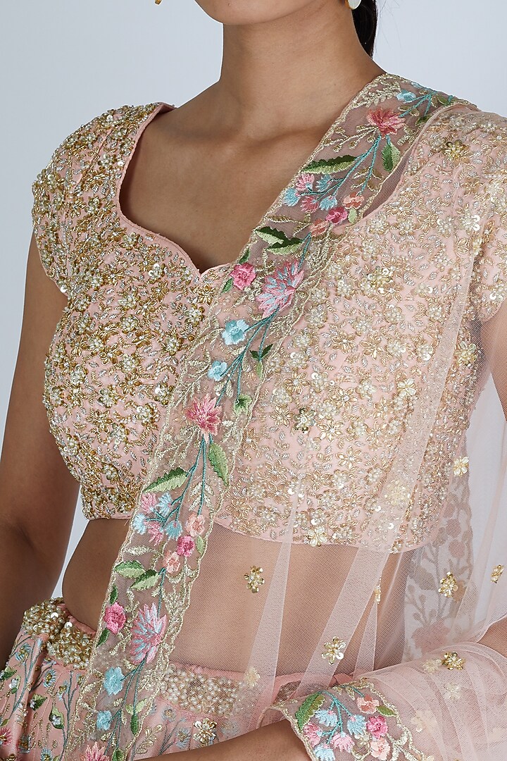 Peach Floral Embroidered Wedding Lehenga Set by Chamee and Palak at Pernia's Pop Up Shop