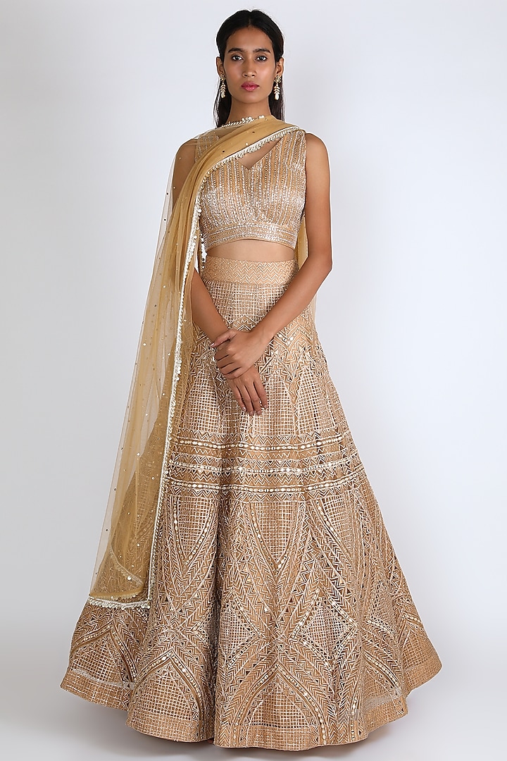Gold Embroidered Lehenga Set by Chamee and Palak