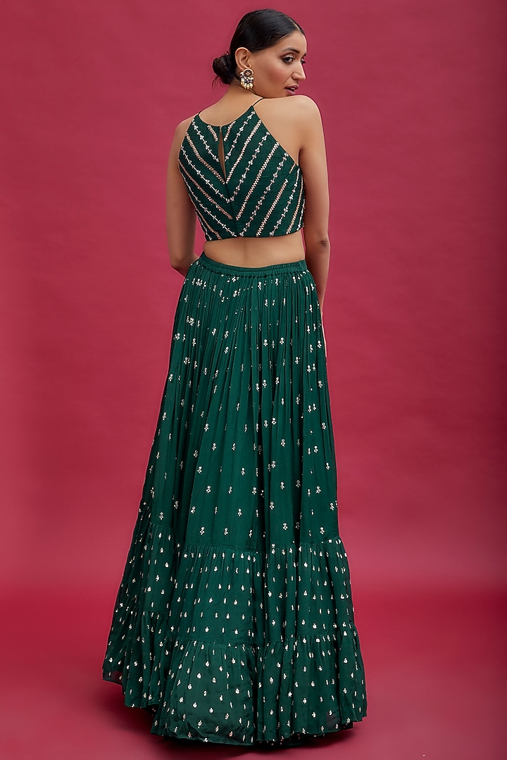 Green Georgette Flared Wedding Lehenga Set by Chamee and Palak at Pernia's Pop Up Shop
