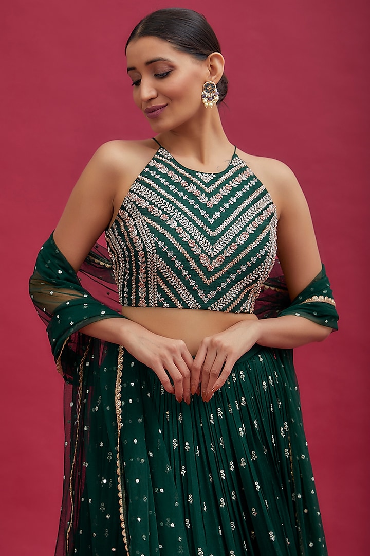 Green Georgette Flared Wedding Lehenga Set by Chamee and Palak at Pernia's Pop Up Shop