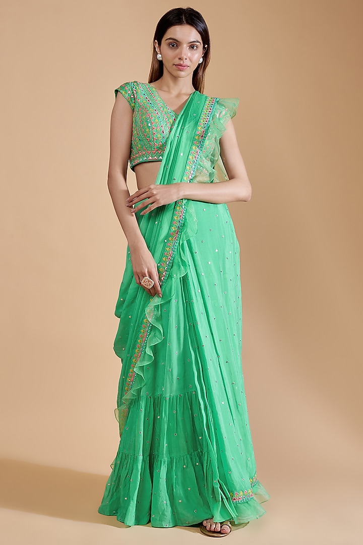 Sea Green Georgette Ruffled Pre-Draped Saree Set by Chamee and Palak
