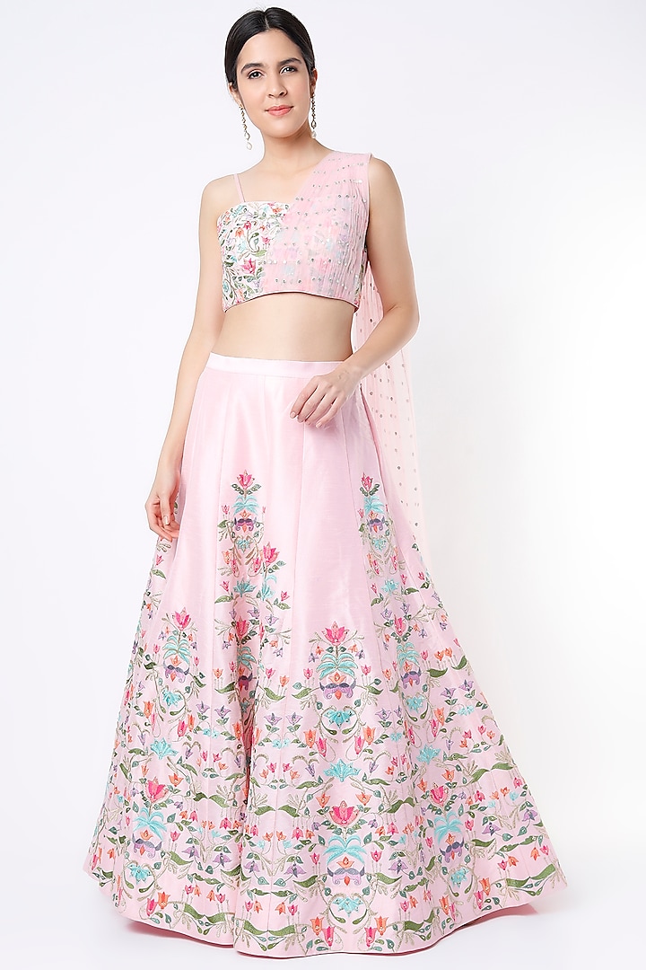 Blush Pink Dupion Silk & Net Embroidered Lehenga Set by Chamee and Palak
