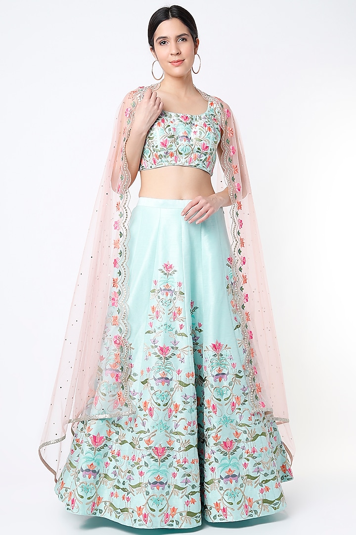 Powder Blue Dupion Silk & Net Embroidered Lehenga Set by Chamee and Palak