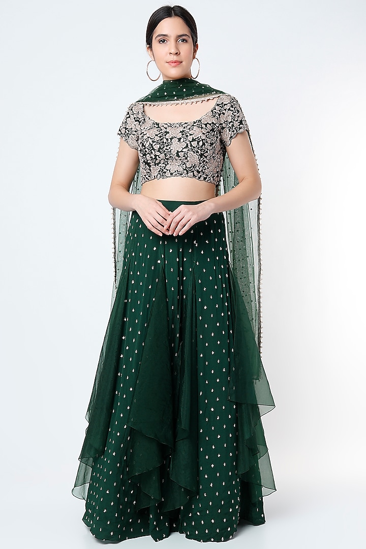 Bottle Green Georgette Embroidered Lehenga Set by Chamee and Palak