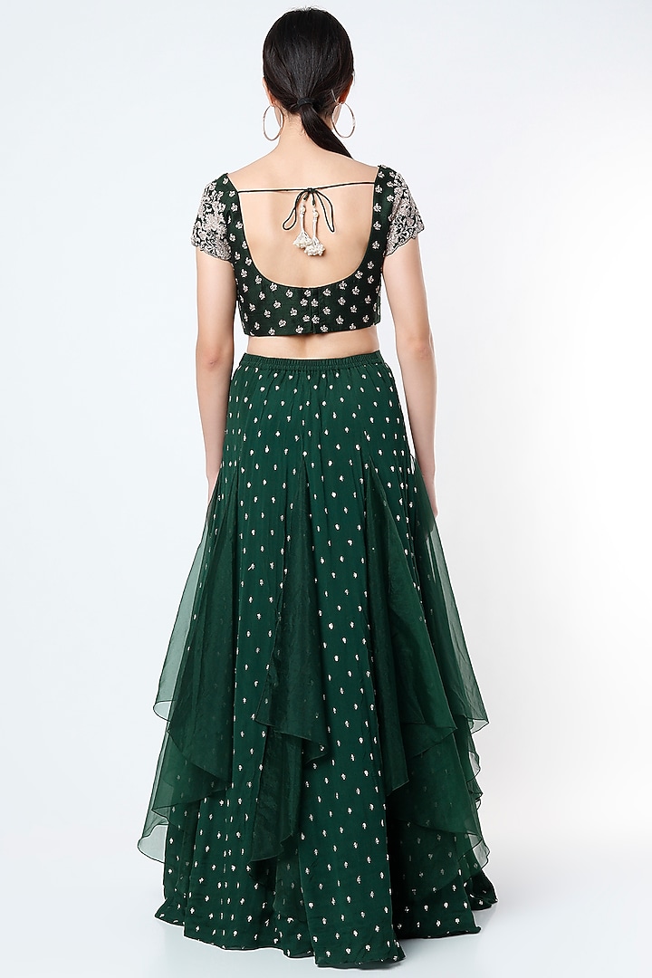 Bottle Green Georgette Embroidered Wedding Lehenga Set by Chamee and Palak at Pernia's Pop Up Shop
